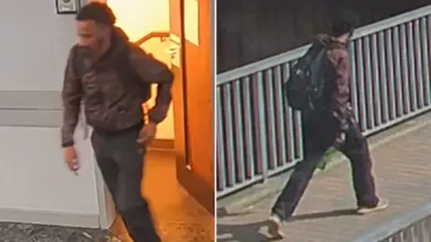 Two images of a man in black jeans and a brown jacket.  He is carrying a black rucksack and has dark hair and a beard.