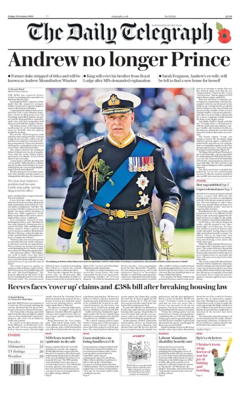 "Andrew no longer Prince" reads the headline on the front page of The Daily Telegraph.