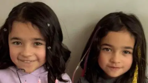 Family Aria and Arabella have brown eyes and brown hair. They are twins and look very similar. One is wearing a purple hoodie. Candles on a birthday cake have been clown out.  They have decorations in their hairs. 
