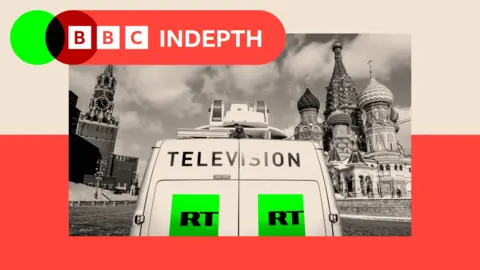 RT television broadcast van is seen parked in front of St. Basil's Cathedral and the Kremlin