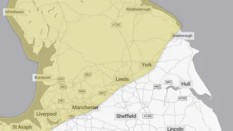 Met Office A map of the north of England shows a yellow warning in place from scarborough at the top right of the map, stretching down and across to Liverpool on the west of the country.