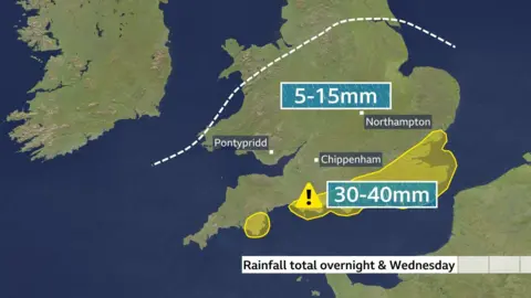 BBC Weather A weather map showing yellow weather warnings in the south west and south east of England, with 5-15mm of rain forecast for parts of England and Wales and 30-40mm predicted for the south east.