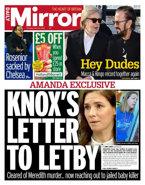 "Knox's letter to Letby" reads the headline on the front page of the Daily Mirror.