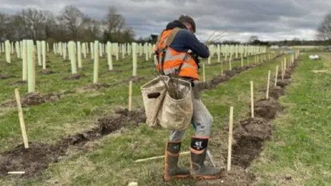 A man wearing an orange hi-vis jacket, boots and jeans is standing in a field where tree saplings have been planted in several long rows. His back is facing the camera and he is looking down at the ground while carrying a large dusty beige bag.