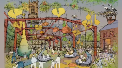 Down to Earth Derby Image showing a sketch of the inside of a large greenhouse as part of plans for Electric Daisy's extension