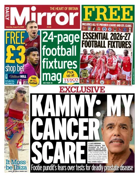 The headline on the front page of the Daily Mirror reads: “Kammy: My cancer scare”.