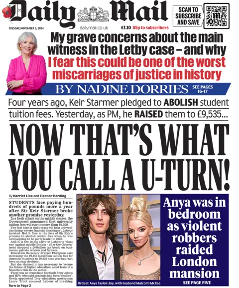 The headline on the front page of the Daily Mail reads: "Now that's what you call a U-turn!"
