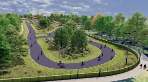Bristol City Council A CGI image of cyclists on a track which is surrounded by grass and trees.