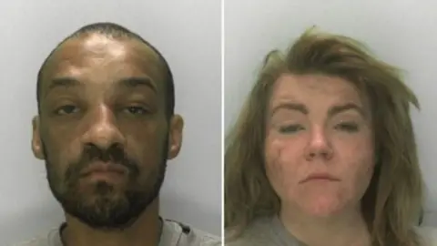 A police custody photo of Justin Francis on the left. He has short dark brown hair and a beard and is wearing a grey top. On the right is a custody photo of Tiffany Davis. She has long mousey brown hair and is also wearing a grey top.