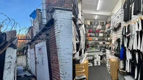 GMP A composite image of the outside and inside of the property on Lockett Street. The left image shows a building which appears to be derelict with barbed wire around the entrance. The right image shows rows and rows of counterfeit clothing and bags.