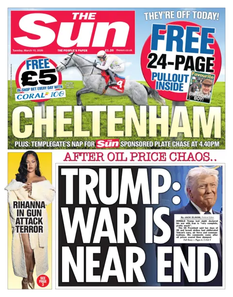 "After oil price chaos... Trump: War is near end," reads the headline on the front page of the Sun.