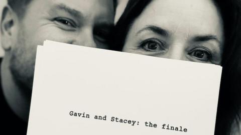 James Corden and Ruth Jones with a script
