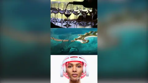 A splitscreen image featuring wine being poured, a tropical island and a person wearing an LED helmet