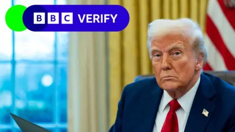 Getty Images Donald Trump signs an executive order in the Oval Office. He is wearing a blue shirt with an American flag and is holding a binder. In the background, a US flag can be seen.