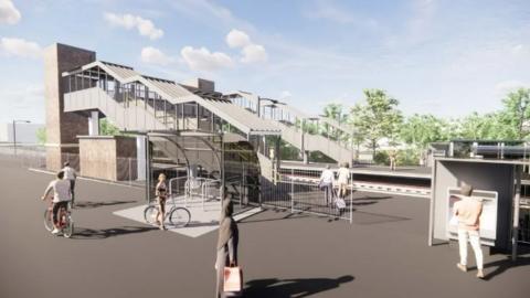 CGI of what North Filton station could look like,  with bridge and bike area.
