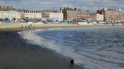 A view of the seafront in Weymouth. To the right of the image is the sea, with teh waves rolling onto the sandy beach to the left and a dog is walking along the beach. There are people standing on the beach in the background. Houses in a mixture of red brick, pale blue and white line the seafront in the distance.