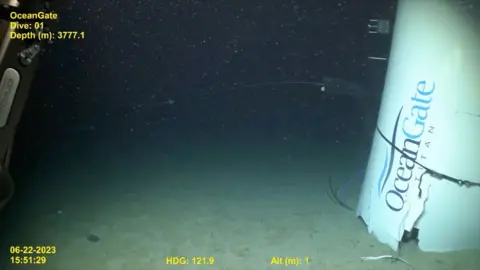 Picture shows Titan submersible's tail cone on the sea floor