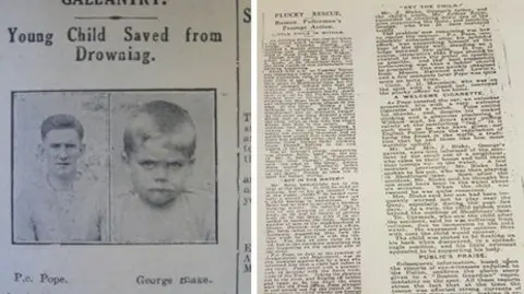 Clippings from a newspaper of 1926. On the left a close-up of black-and-white pictures of PC Pope, a young man, and George Blake, a young boy; on the right, an old newspaper article.