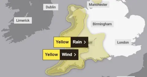 The Met Office A grey map showing the areas affected by warnings in yellow