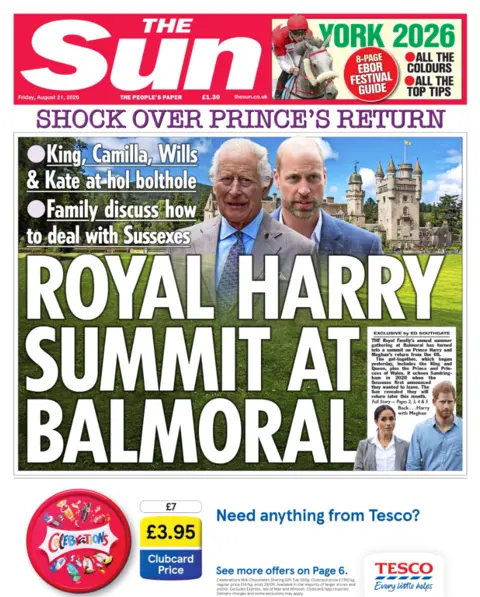 The headline on the front page of the Sun reads: "Royal Harry summit at Balmoral."