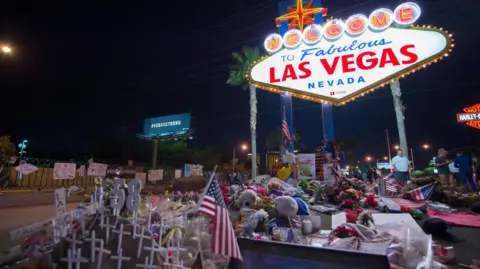 Getty Images Image shows memorial set up along the Las Vegas Strip for the Las Vegas mass shooting