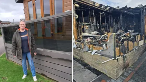 BBC A composite image showing, on the left, a woman standing in front of her static caravan and, on the right, the fire-damaged interior of a mobile home