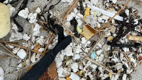 Sanday Community Craft Hub Polystyrene pieces lie intermingled on the sand with driftwood, seaweed and beach stones. It is difficult to determine whether some of the white shapes are plastic or pebble.