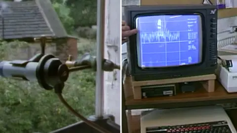 The image is split vertically into two side‑by‑side composite. Each panel shows a different piece of technical equipment. The left panel shows a geiger counter facing a window. The right panel shows a computer screen and printer.