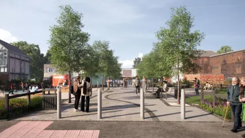 Wolverhampton City Council A computer-generated image of adults walking around an open space with trees lining a central path, some sitting on benches. A food truck can be seen on the left in the far distance next to children in a playground area.