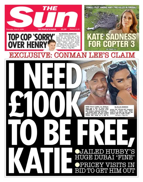 The headline on the front page of the Sun reads: "I need £100k to be free, Katie."