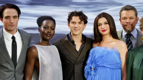 PA Media (Left to right) Robert Pattinson, Lupita Nyong'o, Anne Hathaway, Tom Holland, and Matt Damon attending The Odyssey world premiere in Leicester Square, central London.