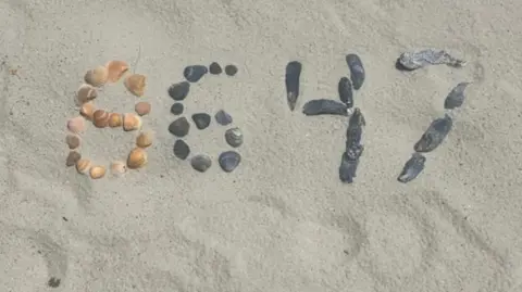 Close-up shot of sand with a bunch of shells and rocks spelling out 86 and 47