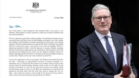 PA Media A composite image showing a PDF on one side of Sir Keir's letter, next to an image of Starmer wearing a suit, shirt and tie and carrying some folders