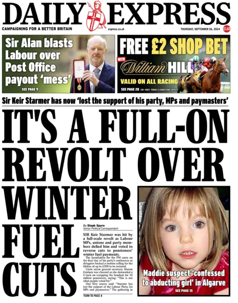 The front page of the Daily Express. The headline reads: 'It's a full-on revolt over winter fuel crisis'.