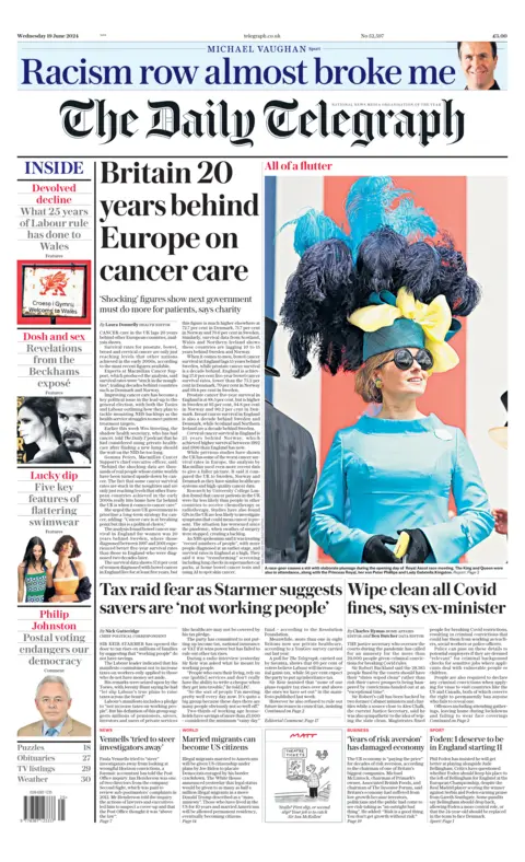 Daily Telegraph The front page of the Daily Telegraph, with the main headline reading "Britain 20 years behind Europe on cancer care"