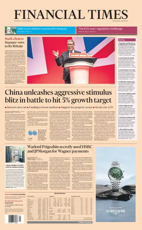 The front page of the Financial Times. The headline reads: 'Stark choices: Starmer vows to fix Britain' and 'China unleashes aggressive stimulus blitz in battle to hit 5% growth target'.