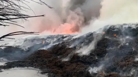 WYFRS A large pile of burning tyres. Smoke can be seen coming off the tyres.