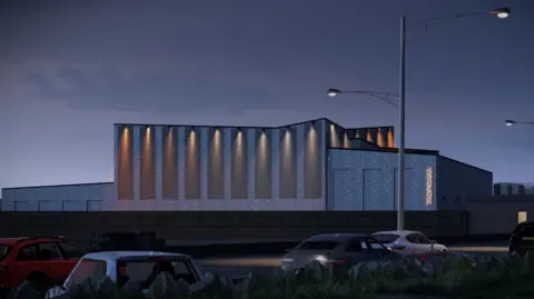 A computer drawn rendering of a grey building with an angled roof at dusk. The word "Tropicana" is placed vertically on the building.  