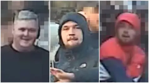 PSNI Collage of three pictures of suspects release by police - on the left is a man in a black t-shirt with short grey hair; in the middle a man with a goatee with a black coat and a dark hood over his head; on the right is a man in a red coat with a red hood over his head