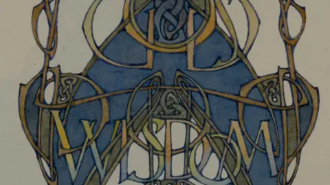 MNH Part of one of the designs from the Deer's Cry manuscript, which has lettering in yellow spelling wisdom over a blue design.