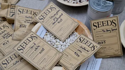 North Yorkshire Council Several brown paper seed packets with handwritten labels laid out on a table, surrounded by small bowls filled with different beans and seeds.