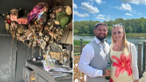 A room blackened by smoke can be seen with several colourful children's toys damaged by the fire and smoke. On the right, a man and a woman smile towards the camera on a sunny day.
