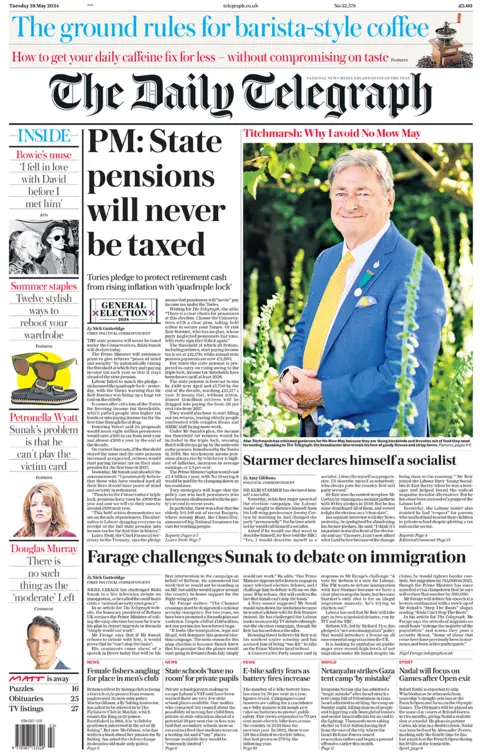 The headline on the main story on the front page of the Daily Telegraph read: "PM: State pension will not be cut".  The main image of the paper is Alan Titchmarsh. 