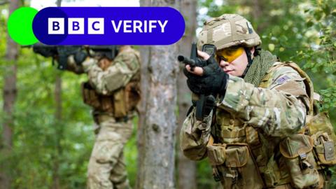 Two armed British soldiers on mission in forest