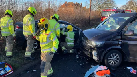 Nottinghamshire Fire and Rescue Service Firefighters at scene of Trowell Moor crash