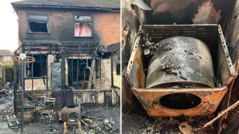 Derbyshire Fire and Rescue Service Composite image showing a badly fire damaged brick semi detached house and also a burnt out tumble driver sitting in an alcove with charred walls