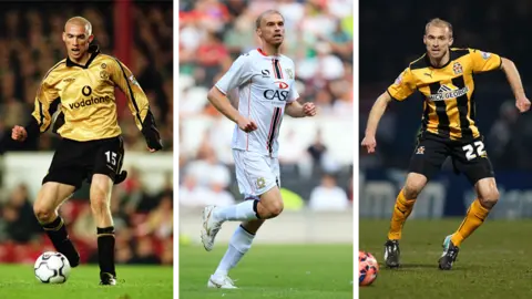 Getty Images/AMA/Corbis Three images of Luke Chadwick, playing for Manchester United, MK dons and Cambridge United from left to right.