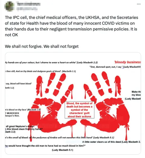  "The IPC cell, the chief medical officers, the UKHSA, and the secretaries of state for health have the blood of many innocent Covid victims on their hands."