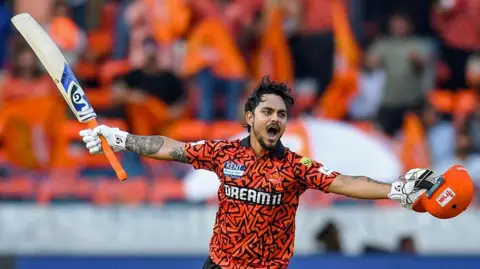 Ishan Kishan celebrates scoring a century for Sunrisers Hyderabad in the IPL