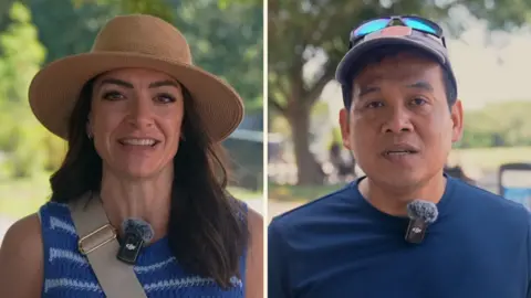 On the left, a woman with a cream hat; on the right, a man with a blue hat.